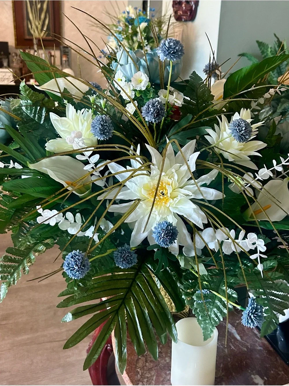 Floral Home Accent Bouquet – Cream & Blue Artificial Arrangement